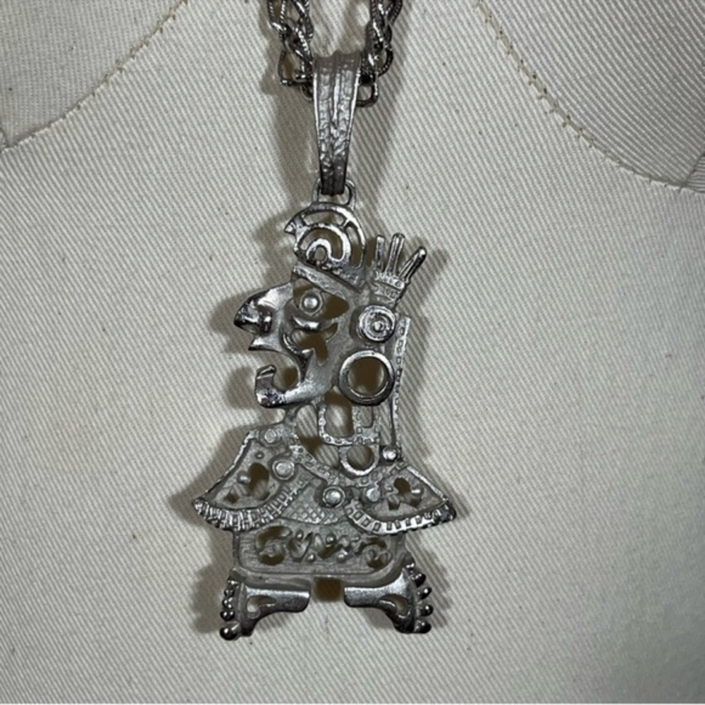 Vintage 60 70 MCM Maximalist
Oversized Aztec Inca Silver Long Mod
Necklace